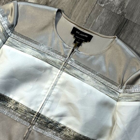 St. John Women Size 6 Limestone White Gold Hand Beaded Shimmer Silk Lined Jacket - Picture 2 of 12